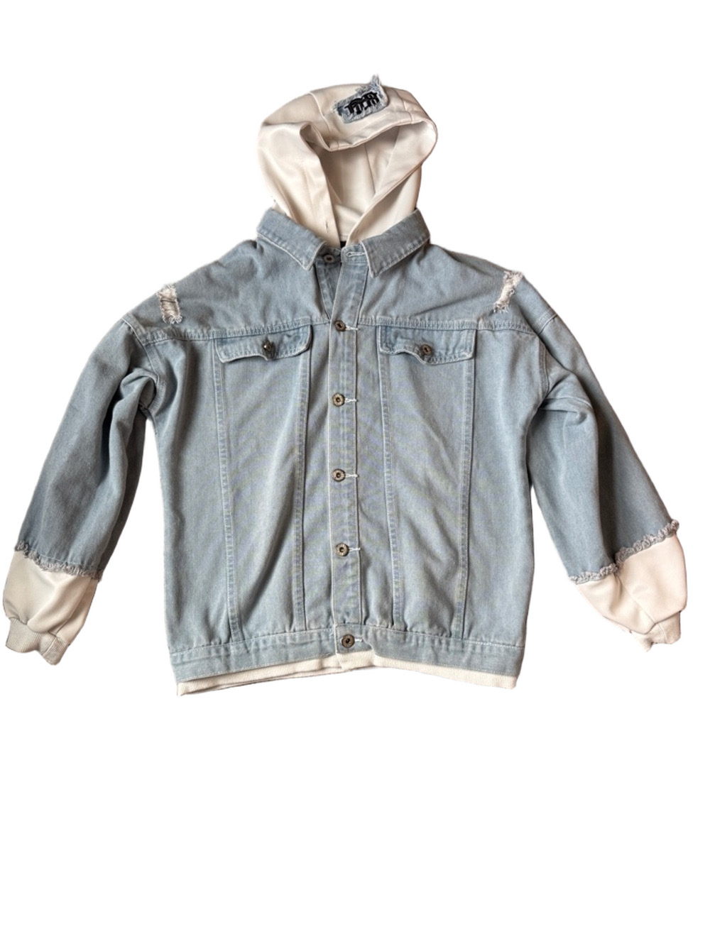 Hooded Denim Jacket Distressed Patchwork Graphic Back Casual SIZE S